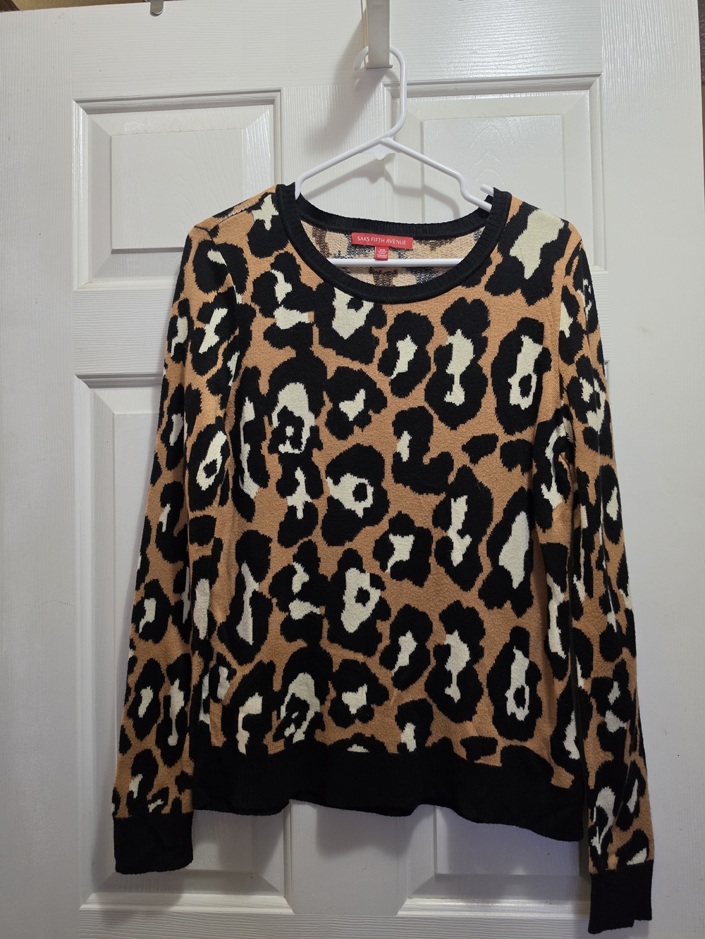 Saks Fifth Avenue Tan Black and Cream Leopard Crewneck Sweater